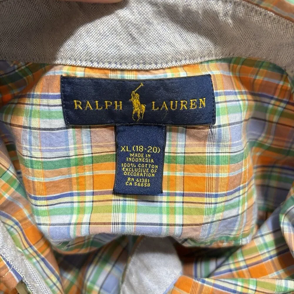 Polo Ralph Lauren Boys Size XL Orange/Blue  Plaid Button Front Oxford Shirt